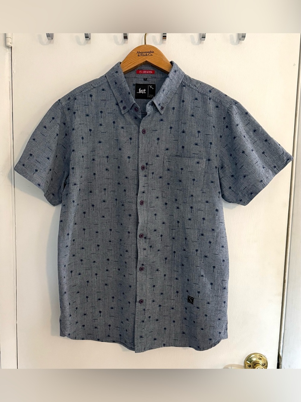 Lost Blue Short-Sleeve Button-Down with Navy Palm Print